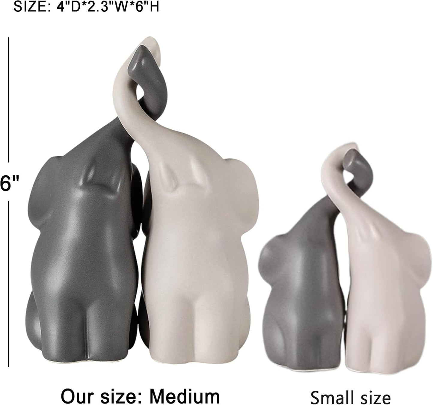 Set of 2 Loving Elephant Statue Figurine, 6" Elephant Ring Holder, Gifts for Couples Home Lucky Decor - Grey