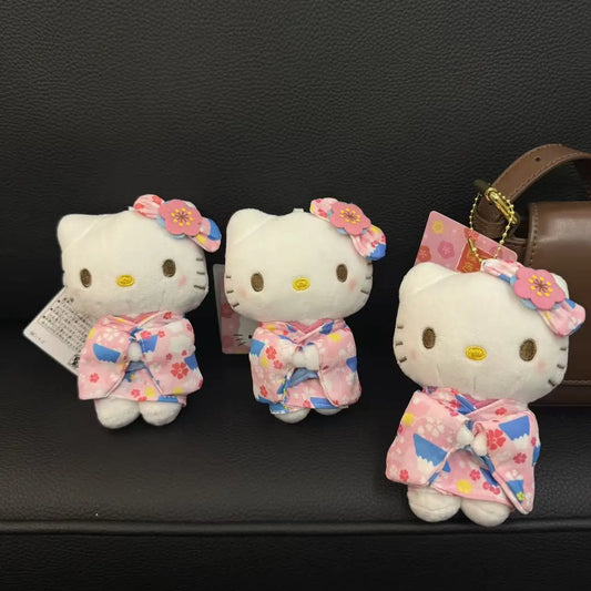 Hello Kitty Kimono Series Plush Keychain Cute Floral Japanese Style Kimono Plush Doll Pendant for Girl'S Bag Decor Kawaii Gifts