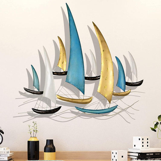 Large Metal Ship Wall Art, Metal Sailboat Wall Decor, Coastal Nautical Wall Art Decor, 3D Boat Wall Hanging, for Living Room Bedroom Indoor Outdoor (Modern Color)