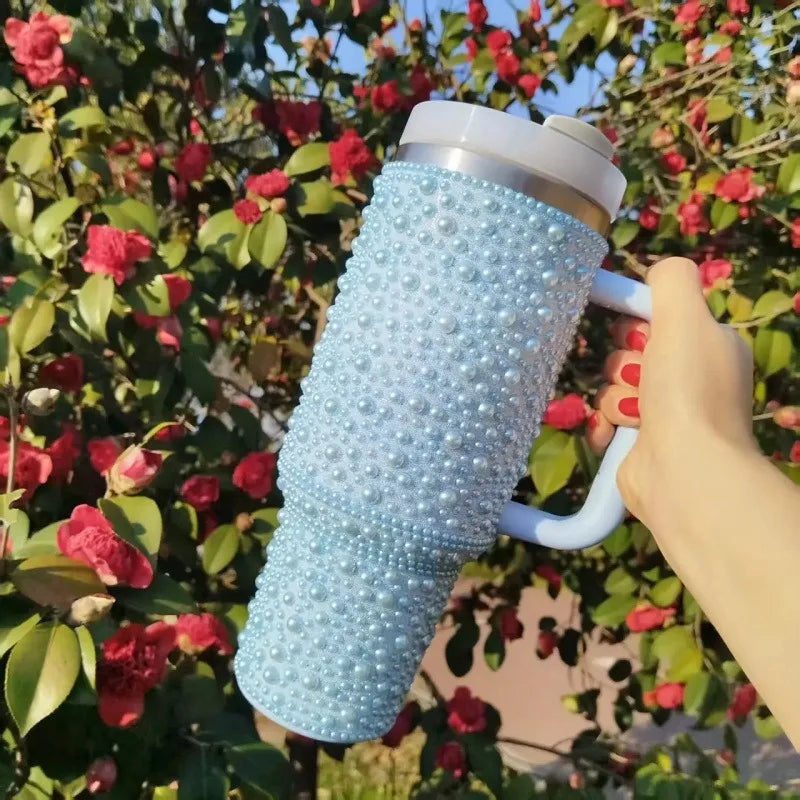 40Oz Diamond Thermos Cup with Handle 304 Stainless Steel Vacuum Flasks Portable Car Coffee Cup Insulated Thermal Water Bottles