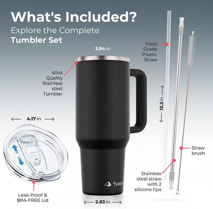 40 Oz Tumbler with Handle and Straw Made of Stainless Steel - Double Wall Vacuum Insulated Tumbler with Lid - Sweat Proof Easy Grip, Bpa-Free, Dishwasher Safe Tumbler (Black)