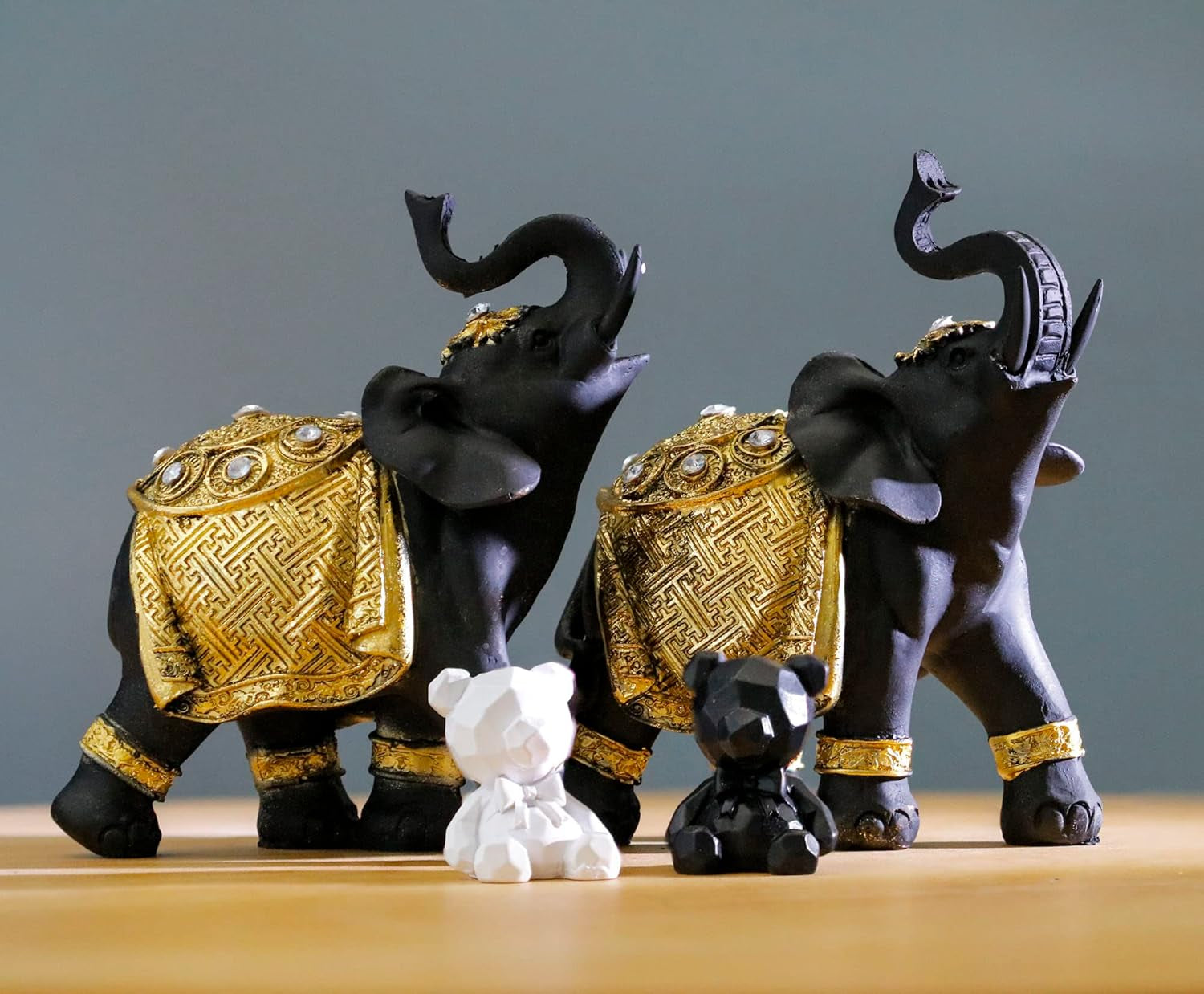 Luck Elephant Decor Set with Trunks up - Feng Shui Resin Black and Golden Couple Elephant Figurines - Pair of Elephants Statue, Modern Sculpture for Home Decor