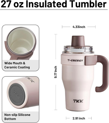 27 Oz Tumbler with Handle and Straw, Ceramic Coating Insulated Bottle 100% Leakproof Travel Mug for Water, Iced Tea or Coffee, Smoothie, Cup Holder Friendly Base, Pink