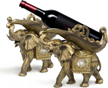 Thai Elephant Decorative Wine Rack Rest Bottle Holder Figurine Statue, Home Decor Display Table Centerpiece for Tabletops and Counters, Wine Lovers Birthday Unique Gifts for Women Set of 2