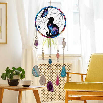 Butterfly Black Cat Acrylic Window Hanging Suncatcher,Natural Agate Gem Dream Catchers Crystal Wind Chime for Home Garden Decor, Cat Lovers Gifts Ornament for Women (Butterfly&Cat Pattern)