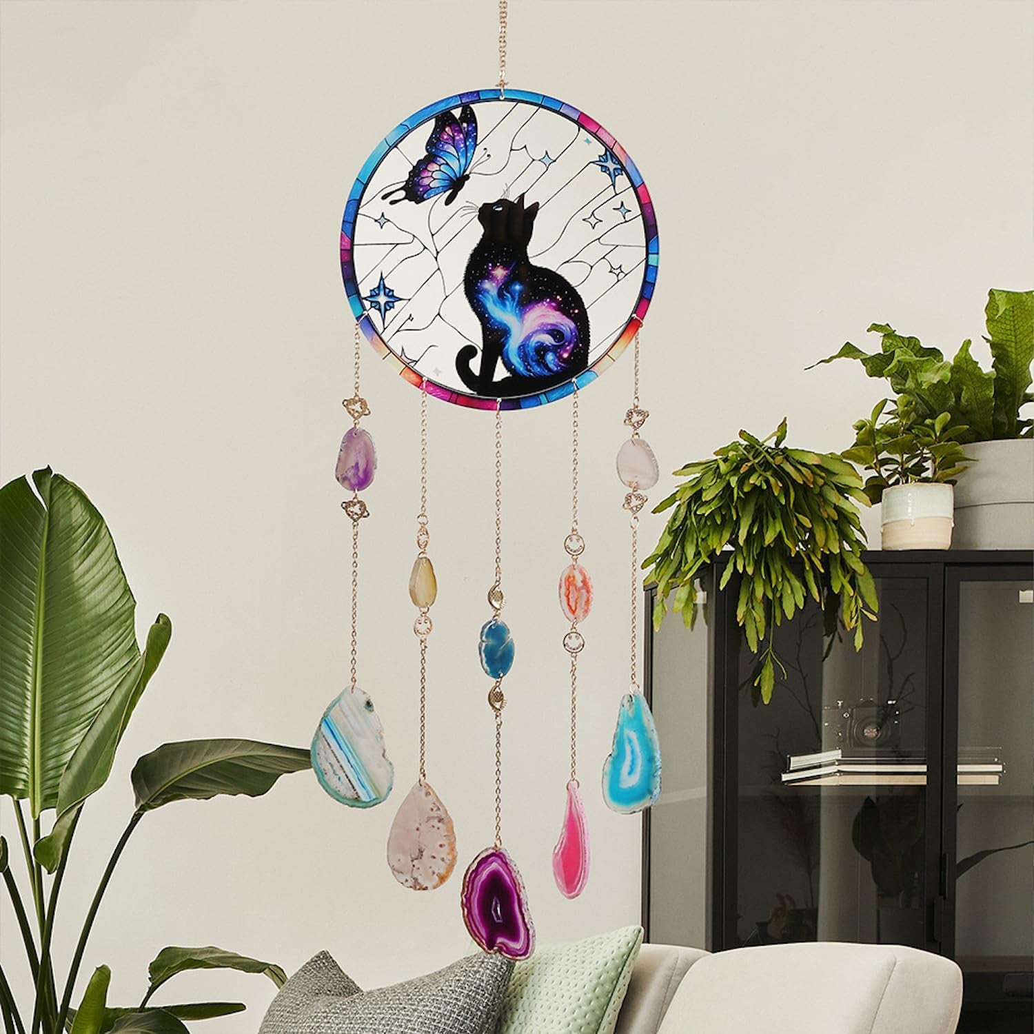 Butterfly Black Cat Acrylic Window Hanging Suncatcher,Natural Agate Gem Dream Catchers Crystal Wind Chime for Home Garden Decor, Cat Lovers Gifts Ornament for Women (Butterfly&Cat Pattern)