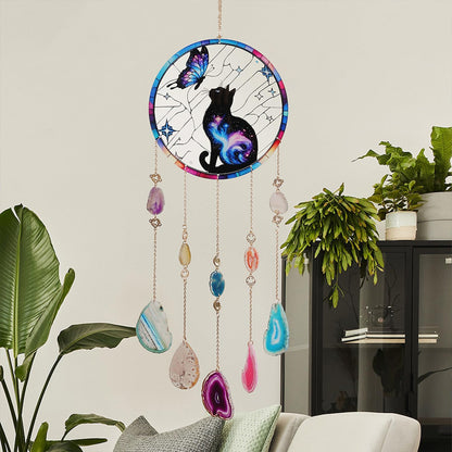 Butterfly Black Cat Acrylic Window Hanging Suncatcher,Natural Agate Gem Dream Catchers Crystal Wind Chime for Home Garden Decor, Cat Lovers Gifts Ornament for Women (Butterfly&Cat Pattern)