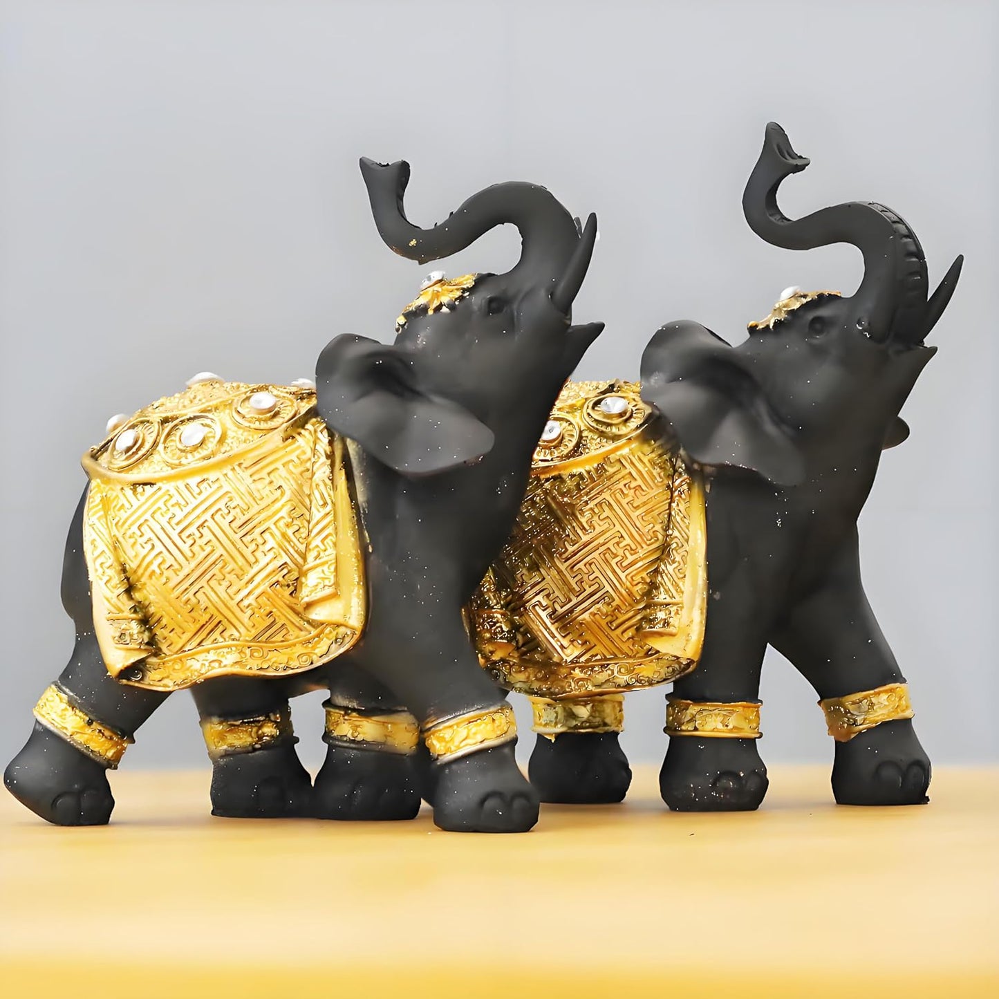 Luck Elephant Decor Set with Trunks up - Feng Shui Resin Black and Golden Couple Elephant Figurines - Pair of Elephants Statue, Modern Sculpture for Home Decor