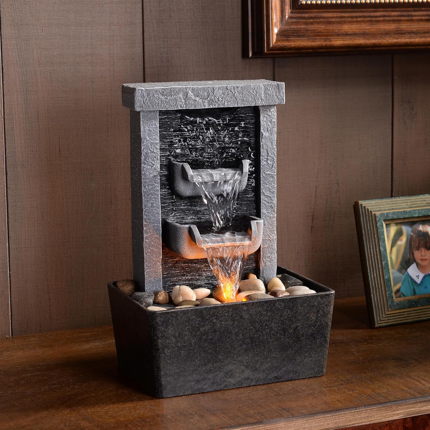 Indoor Waterfall Fountain, 10.3" Tabletop Water Fountain with LED Lights & River Rocks, Relaxing Home Office Decor