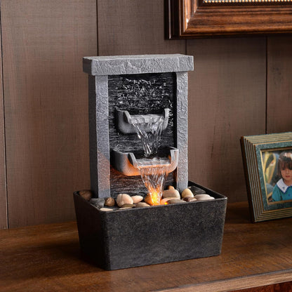 Indoor Waterfall Fountain, 10.3" Tabletop Water Fountain with LED Lights & River Rocks, Relaxing Home Office Decor