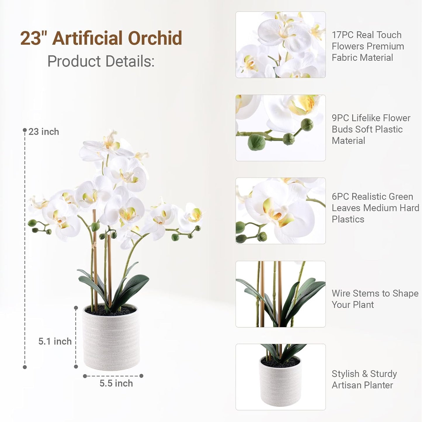 Fake Orchid Plant 23" Tall, Realistic Touch Leaves, Potted Phalaenopsis Artificial Plants Indoor for Home Decor Small Office Home Living Room-White