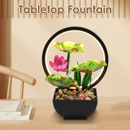 Tabletop Fountain 3-Tiers Lotus Leaf Small Waterfall Fountains Indoor Water Fountain with Rocks and LED Ring Lights Desktop Fountains for Meditation Relaxation Home Bedroom Living Room Office Decor