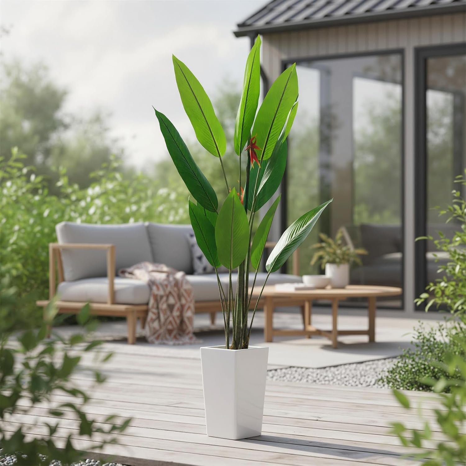 5.6 FT Artificial Bird of Paradise Tree with Artificial Flowers, Faux Artificial Plants for Indoor&Outdoor with 12 Leaves Fake Banana Leaf Plant Artificial Palm Tree with White Tall Planter