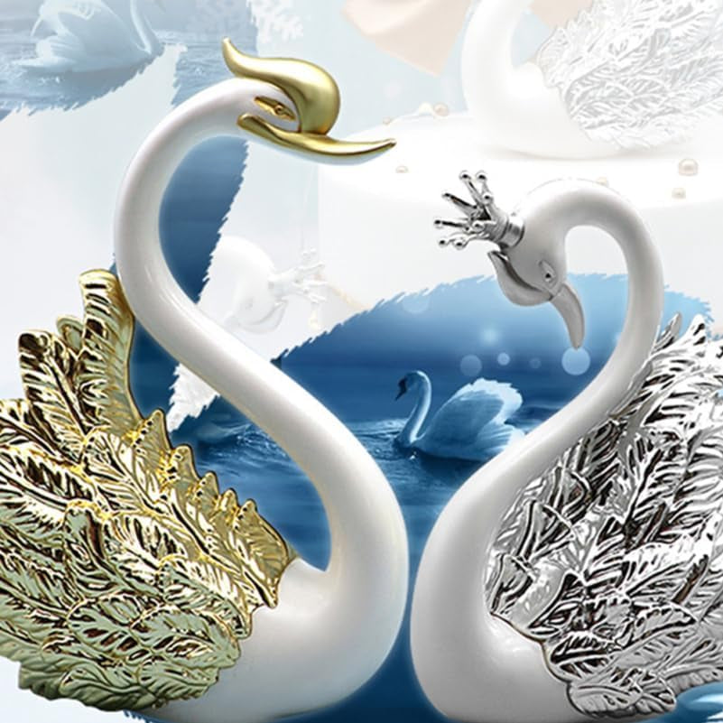 Swan Cake Toppers Set with Crown Swan Figurine Creative 2-Piece Cake Decoration for Birthday Wedding Desktop & Car Ornament
