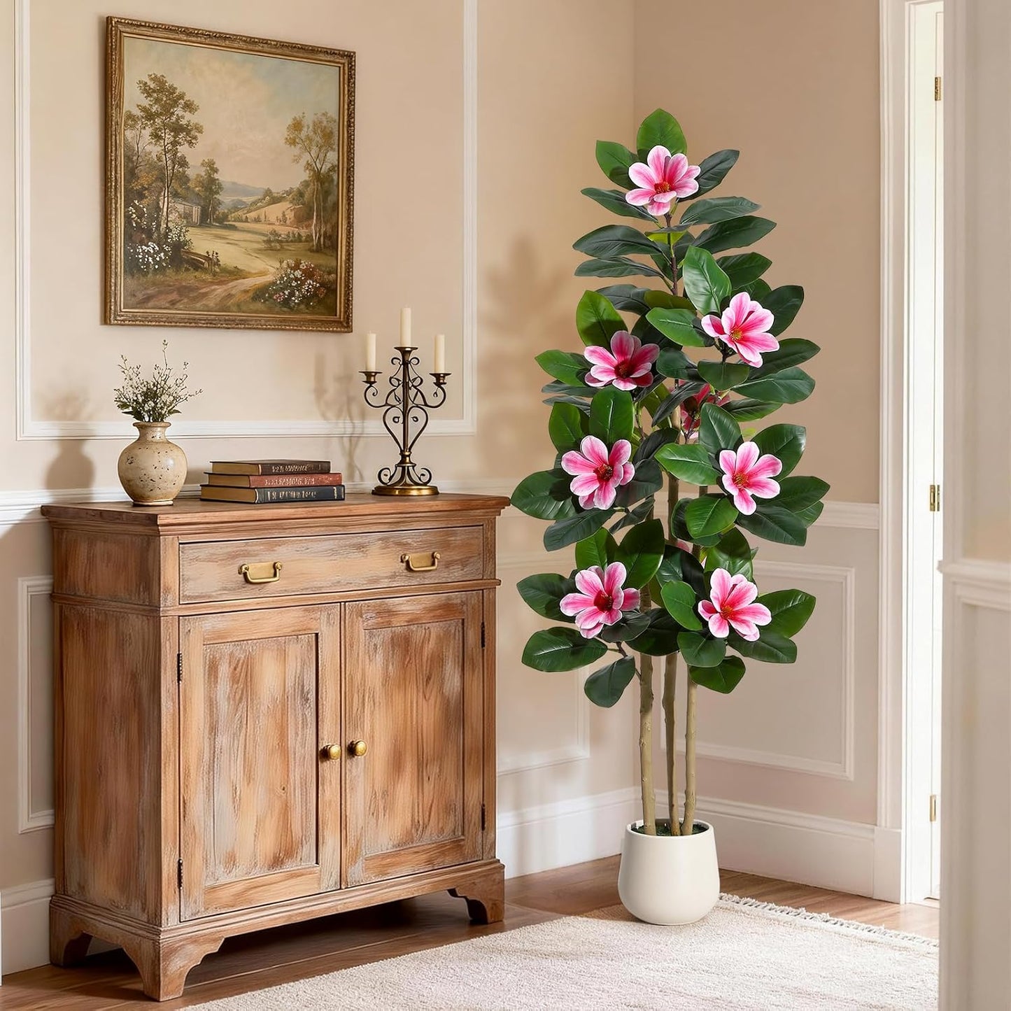 Faux Rubber Tree, 60 Inch Artificial Plants Indoor with Real Touch Leaves and Multi Trunks, Artificial Tree Fake Potted Plants with Pink Flowers for Home Decor Office Living Room