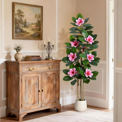 Faux Rubber Tree, 60 Inch Artificial Plants Indoor with Real Touch Leaves and Multi Trunks, Artificial Tree Fake Potted Plants with Pink Flowers for Home Decor Office Living Room