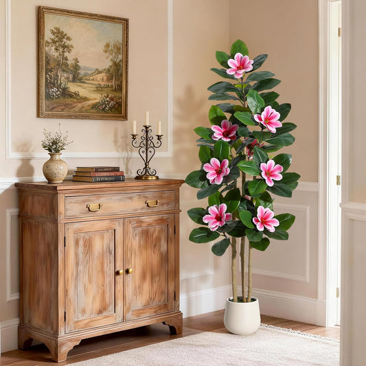 Faux Rubber Tree, 60 Inch Artificial Plants Indoor with Real Touch Leaves and Multi Trunks, Artificial Tree Fake Potted Plants with Pink Flowers for Home Decor Office Living Room