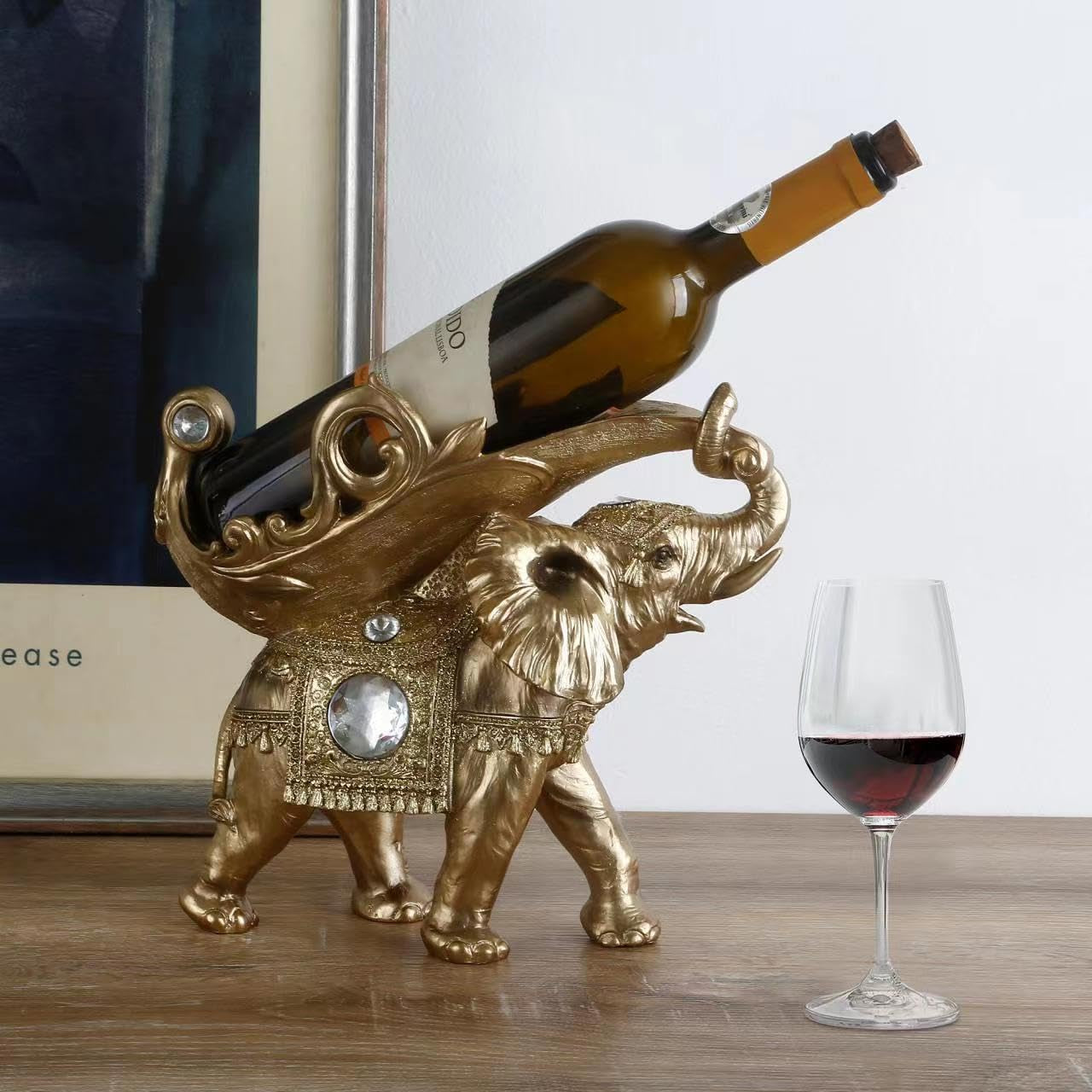 Lucky Wealth Thai Elephant Wine Rack Bottle Holder, Wine Rest Figurine Statue, Feng Shui Home Decor on Tabletops and Counters, Wine Lovers Anniversary Housewarming Unique Gifts for Her