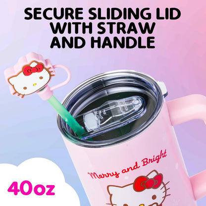 Sanrio Hello Kitty Christmas Holiday Sweater Merry and Bright Double Walled Stainless Steel Tumbler with Handle, Straw, and Straw Cap, Fits in Standard Cup Holder, 40 Ounces