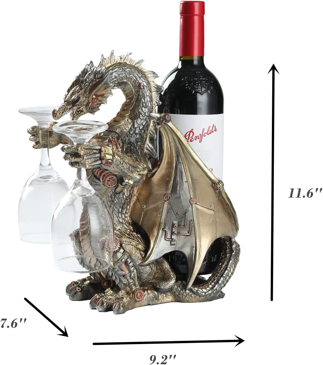 Steampunk Dragon Wine Bottle Wine Holder Statue with Two Wine Glasses Holder Wine Rack Gothic Decor Metallic Look for Home Man Cave Decor Gifts for Men 11.6''High