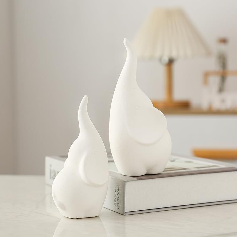 A Pair White Elephant Figurine Home Decor, Modern Style Ceramic Elephant Statues for Accents Living Room Office Table Bookshelf Desk Bedroom Decoration