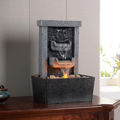 Indoor Waterfall Fountain, 10.3" Tabletop Water Fountain with LED Lights & River Rocks, Relaxing Home Office Decor