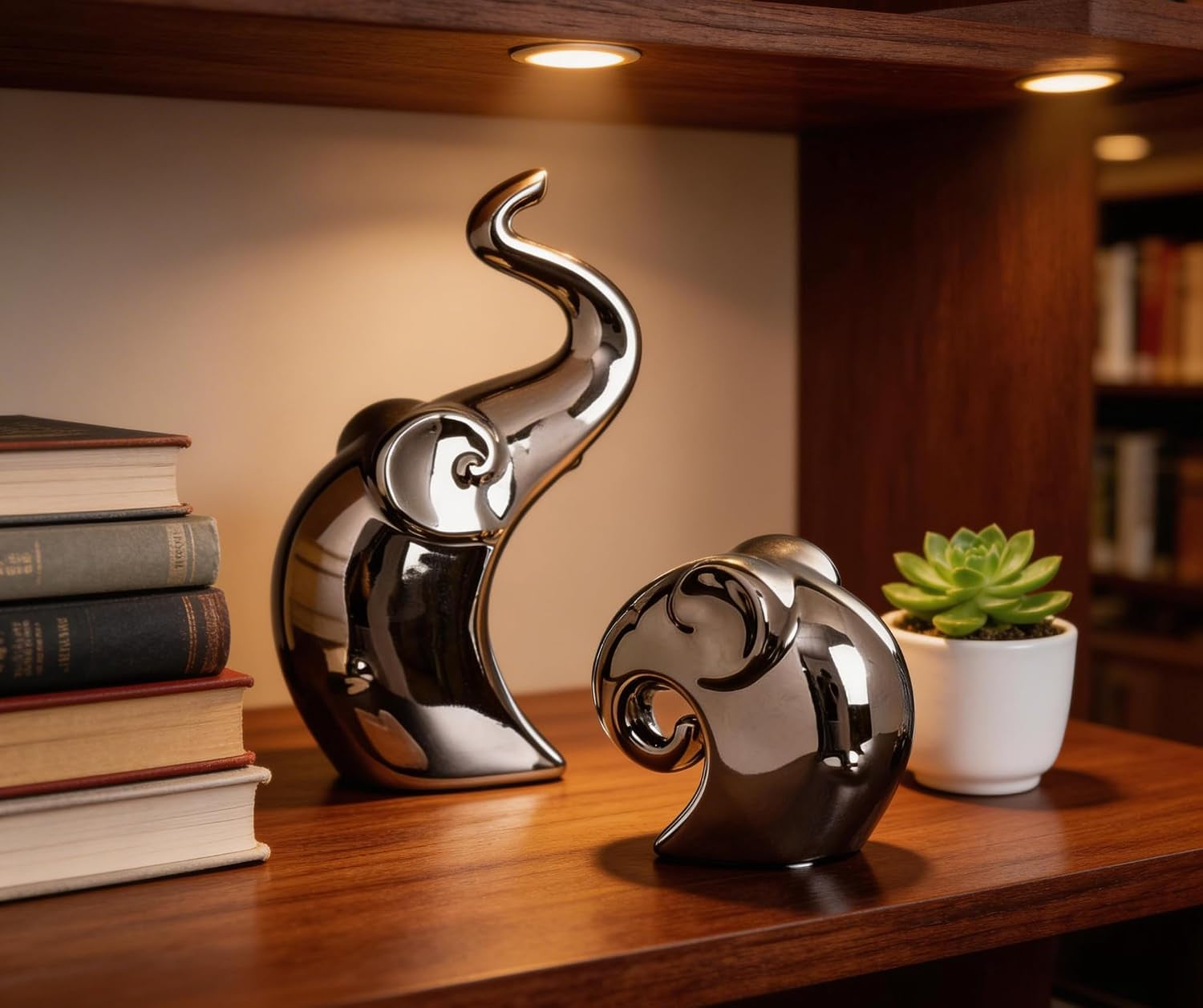 Couple Elephant Statues, Silver Ceramic Figurines for Romance Home & Wedding Decor