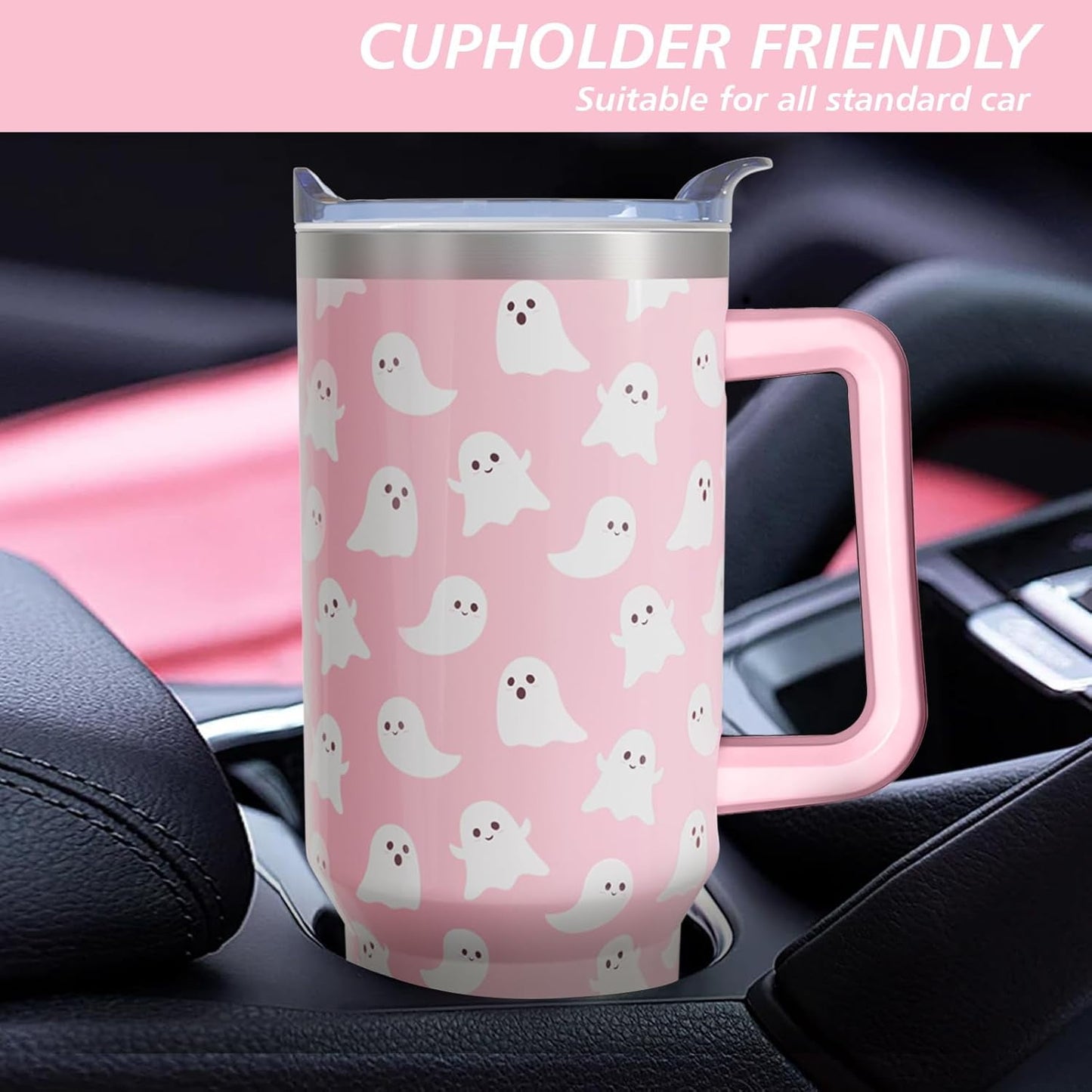 Halloween Ghosts 40 Oz Tumbler with Handle and Straw, Cute Spooky Stainless Steel Double Walled Vacuum Insulated Cup, Holiday Gifts for Women Girls