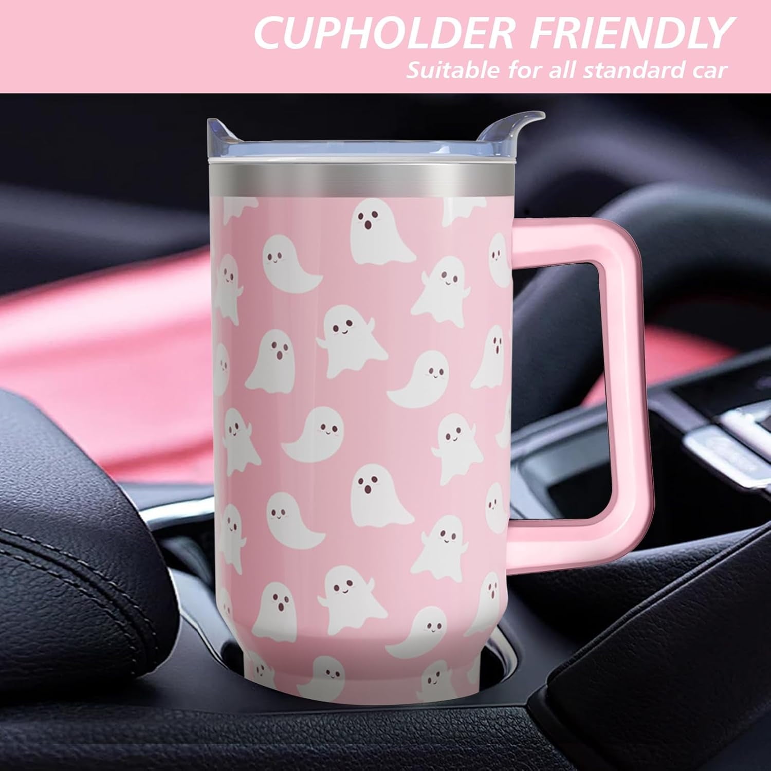 Halloween Ghosts 40 Oz Tumbler with Handle and Straw, Cute Spooky Stainless Steel Double Walled Vacuum Insulated Cup, Holiday Gifts for Women Girls