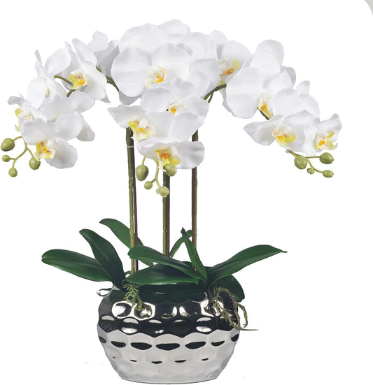 Artificial Orchid Plants & Flowers Arrangement in Ceramic Pot, Fake Faux White Orchid with Silver Vase, Faux Orchids for Home Decor Indoor
