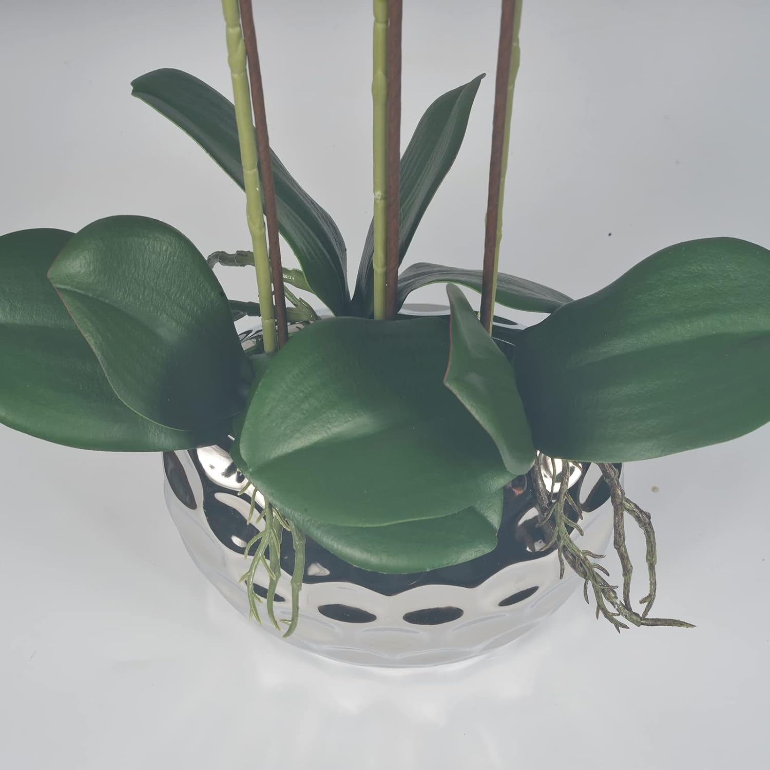 Artificial Orchid Plants & Flowers Arrangement in Ceramic Pot, Fake Faux White Orchid with Silver Vase, Faux Orchids for Home Decor Indoor