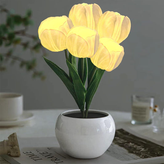 Flower Table Lamp Tulip Desk LED Night Light for Home Living Room Decor Artificial Flower with Vase Table Centerpieces for Birthday Holiday Party Wedding Room Decoration (White)