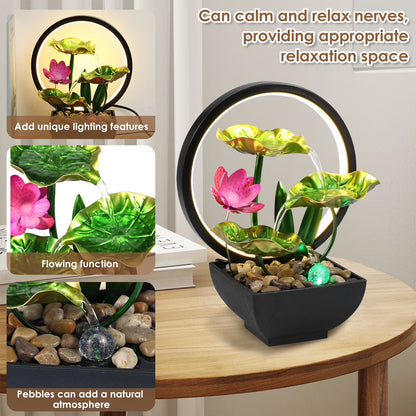Tabletop Fountain 3-Tiers Lotus Leaf Small Waterfall Fountains Indoor Water Fountain with Rocks and LED Ring Lights Desktop Fountains for Meditation Relaxation Home Bedroom Living Room Office Decor