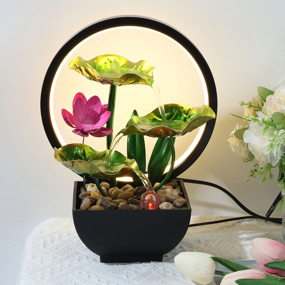 Tabletop Fountain 3-Tiers Lotus Leaf Small Waterfall Fountains Indoor Water Fountain with Rocks and LED Ring Lights Desktop Fountains for Meditation Relaxation Home Bedroom Living Room Office Decor