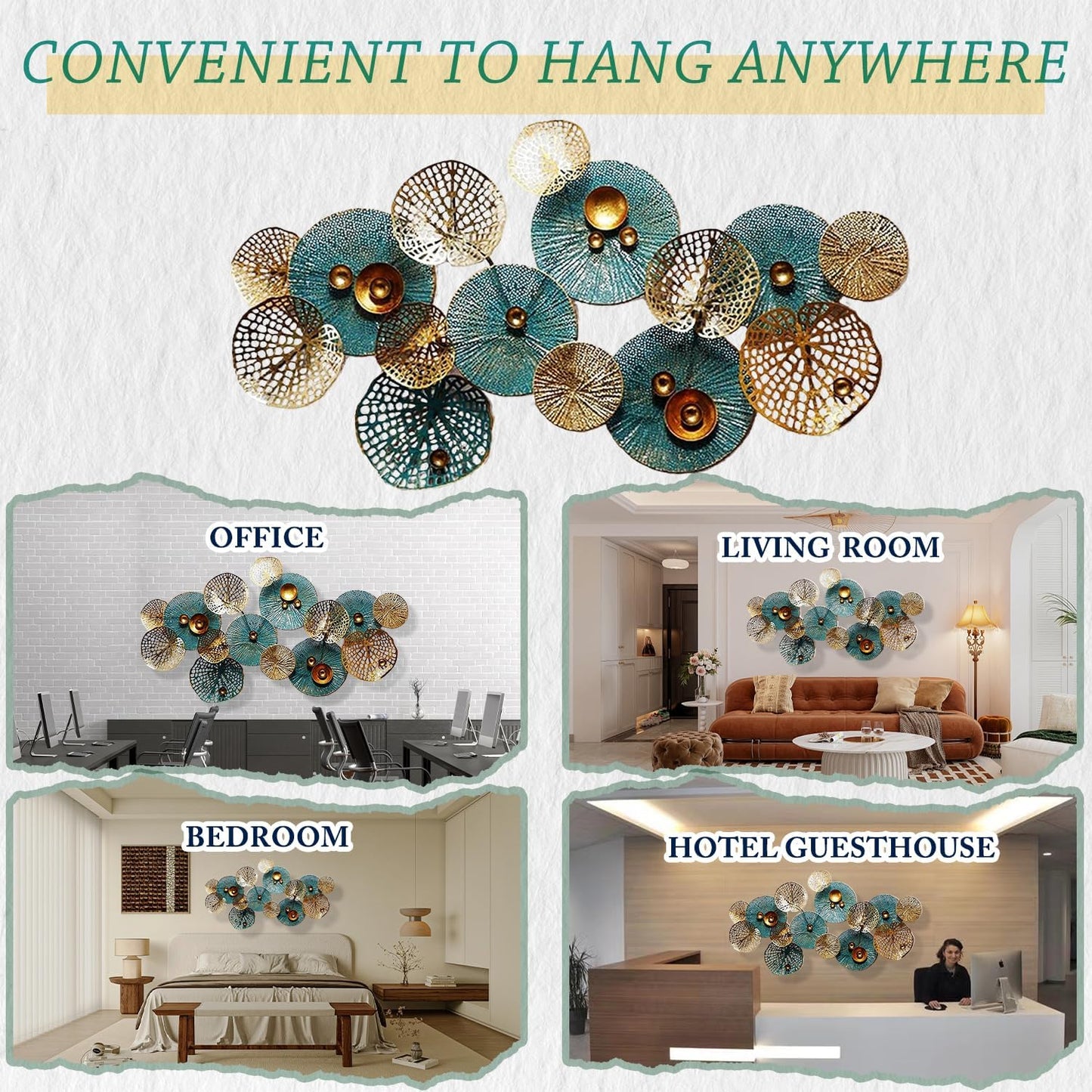 Metal Wall Decor for Living Room, Metal Flower Wall Art, 3D Stacked Leaves Wall Art Decor, Modern Lotus Flower Hanging Wall Decor (C 50 Inch X 26 Inch)