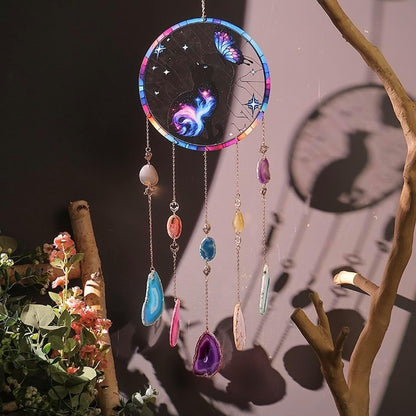 Butterfly Black Cat Acrylic Window Hanging Suncatcher,Natural Agate Gem Dream Catchers Crystal Wind Chime for Home Garden Decor, Cat Lovers Gifts Ornament for Women (Butterfly&Cat Pattern)