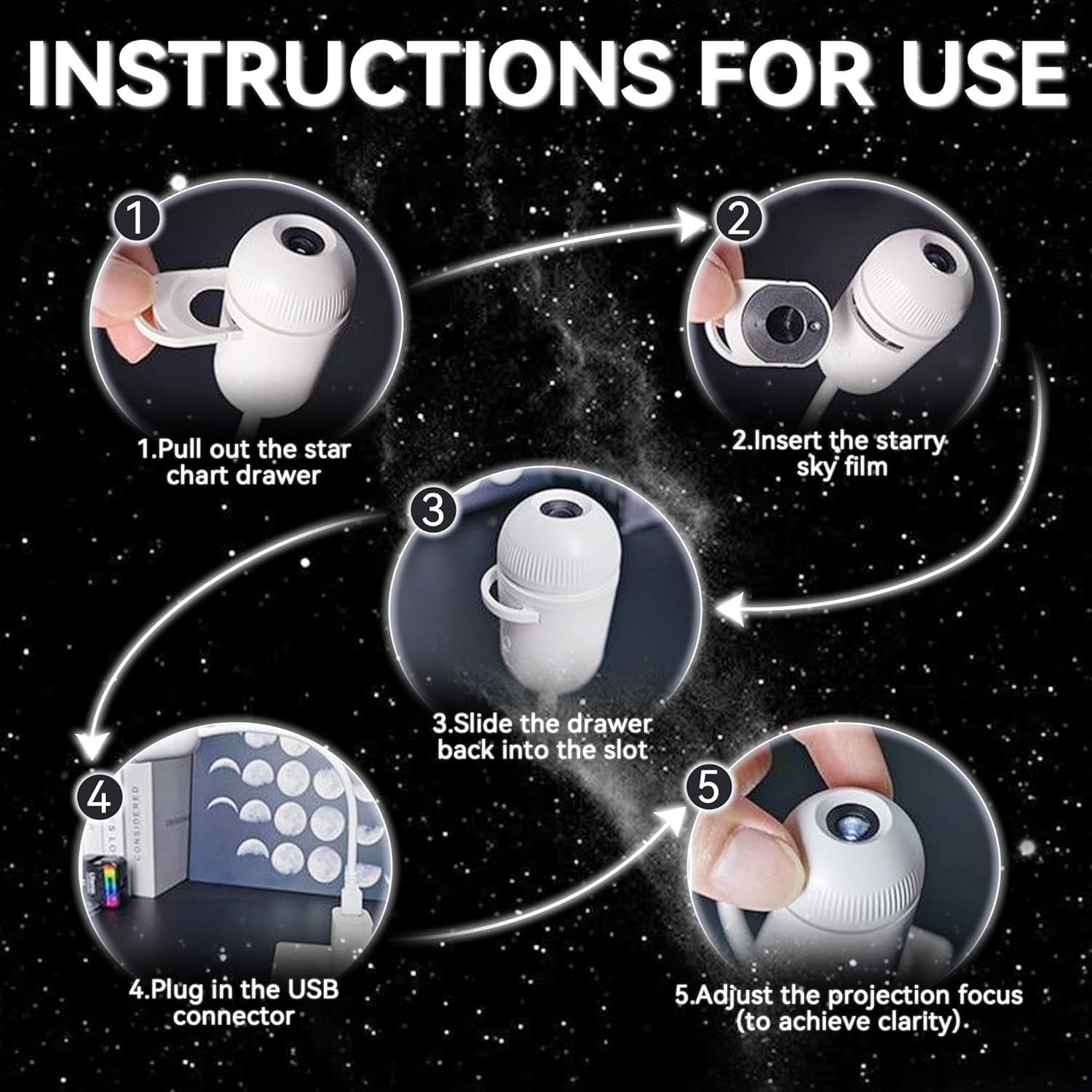2-In-1 Galaxy Projector Night Light with 5 Sliding Projection Films, Adjustable Brightness & Focus, 360° Rotating Design, USB Starry Sky Night Light Projector for Bedroom Car Ceiling Decor