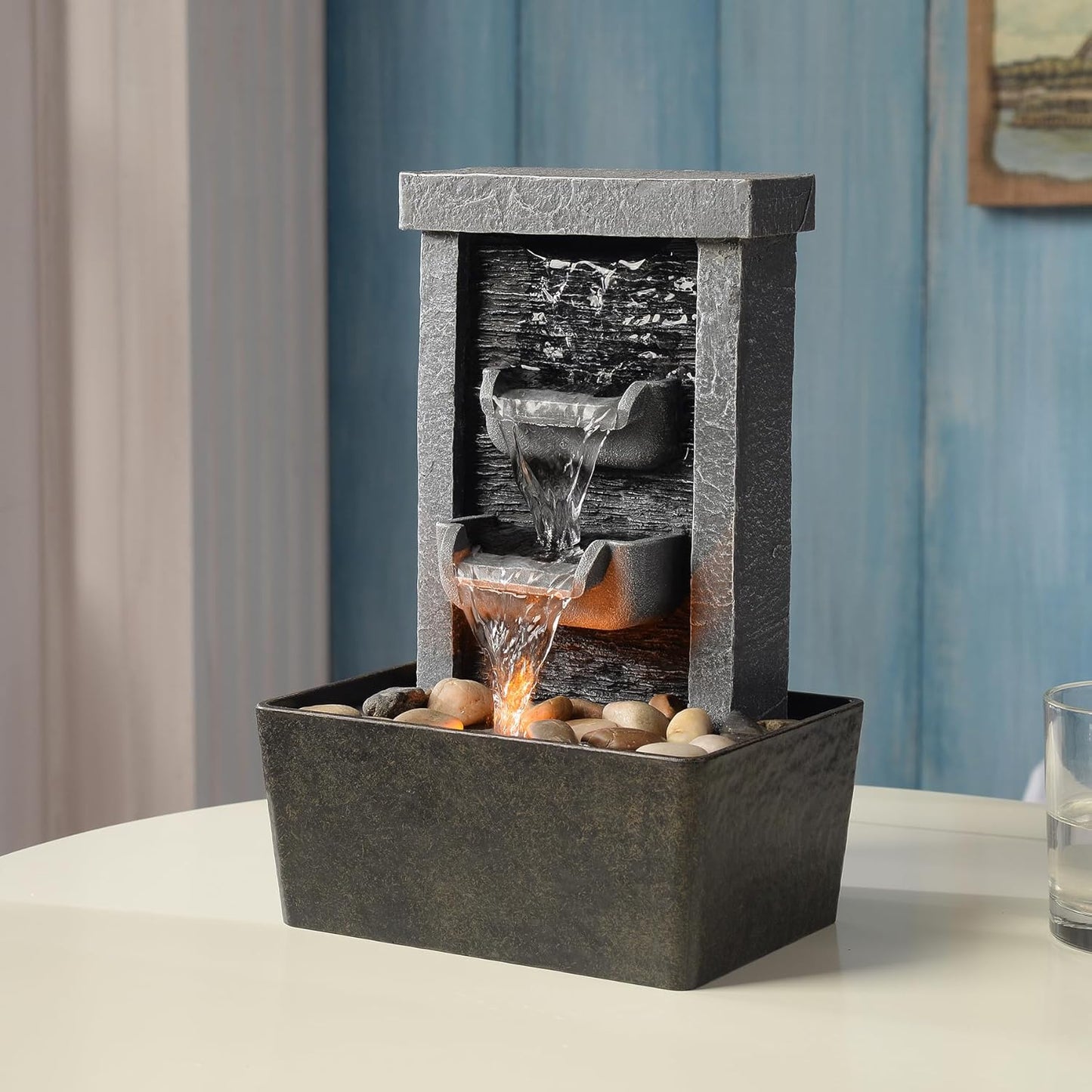 Indoor Waterfall Fountain, 10.3" Tabletop Water Fountain with LED Lights & River Rocks, Relaxing Home Office Decor