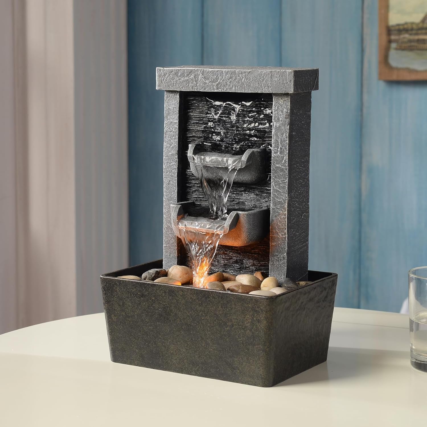 Indoor Waterfall Fountain, 10.3" Tabletop Water Fountain with LED Lights & River Rocks, Relaxing Home Office Decor