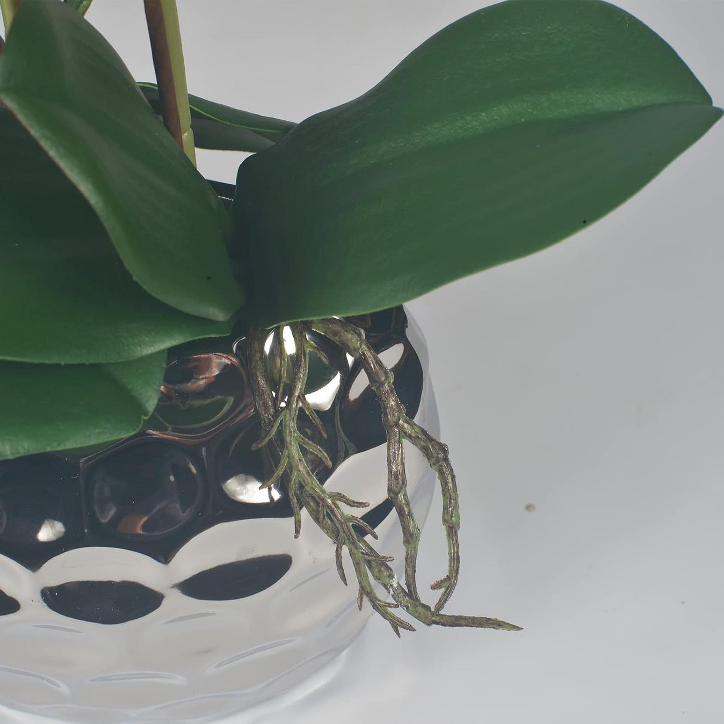 Artificial Orchid Plants & Flowers Arrangement in Ceramic Pot, Fake Faux White Orchid with Silver Vase, Faux Orchids for Home Decor Indoor