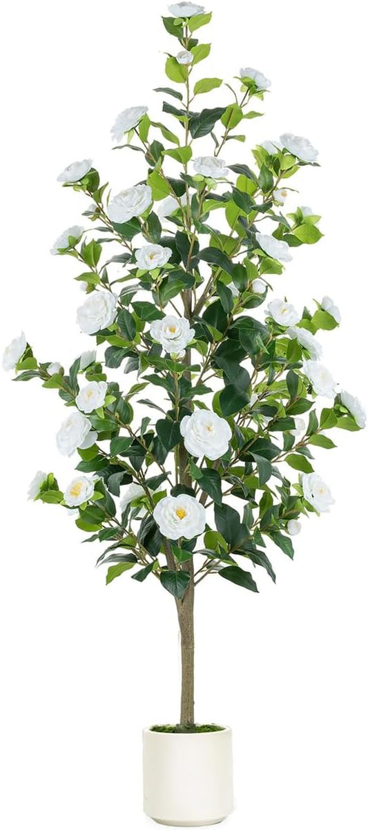 Artificial Trees for Home Decor: Indoor 4.9Ft Tall Fake Plants Outdoor Camellia Flowers Tree for Front Porch - Faux White Rose Plant with Pot for Living Room Door Patio Deck Yard