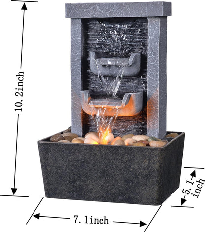 Indoor Waterfall Fountain, 10.3" Tabletop Water Fountain with LED Lights & River Rocks, Relaxing Home Office Decor