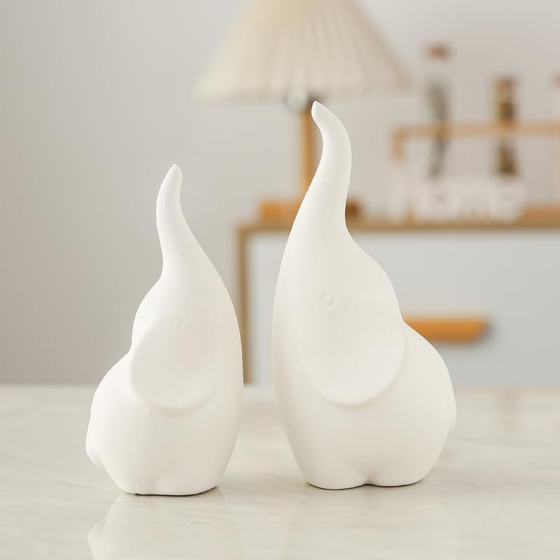 A Pair White Elephant Figurine Home Decor, Modern Style Ceramic Elephant Statues for Accents Living Room Office Table Bookshelf Desk Bedroom Decoration