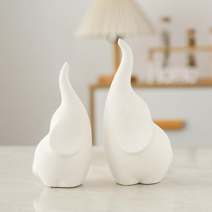 A Pair White Elephant Figurine Home Decor, Modern Style Ceramic Elephant Statues for Accents Living Room Office Table Bookshelf Desk Bedroom Decoration