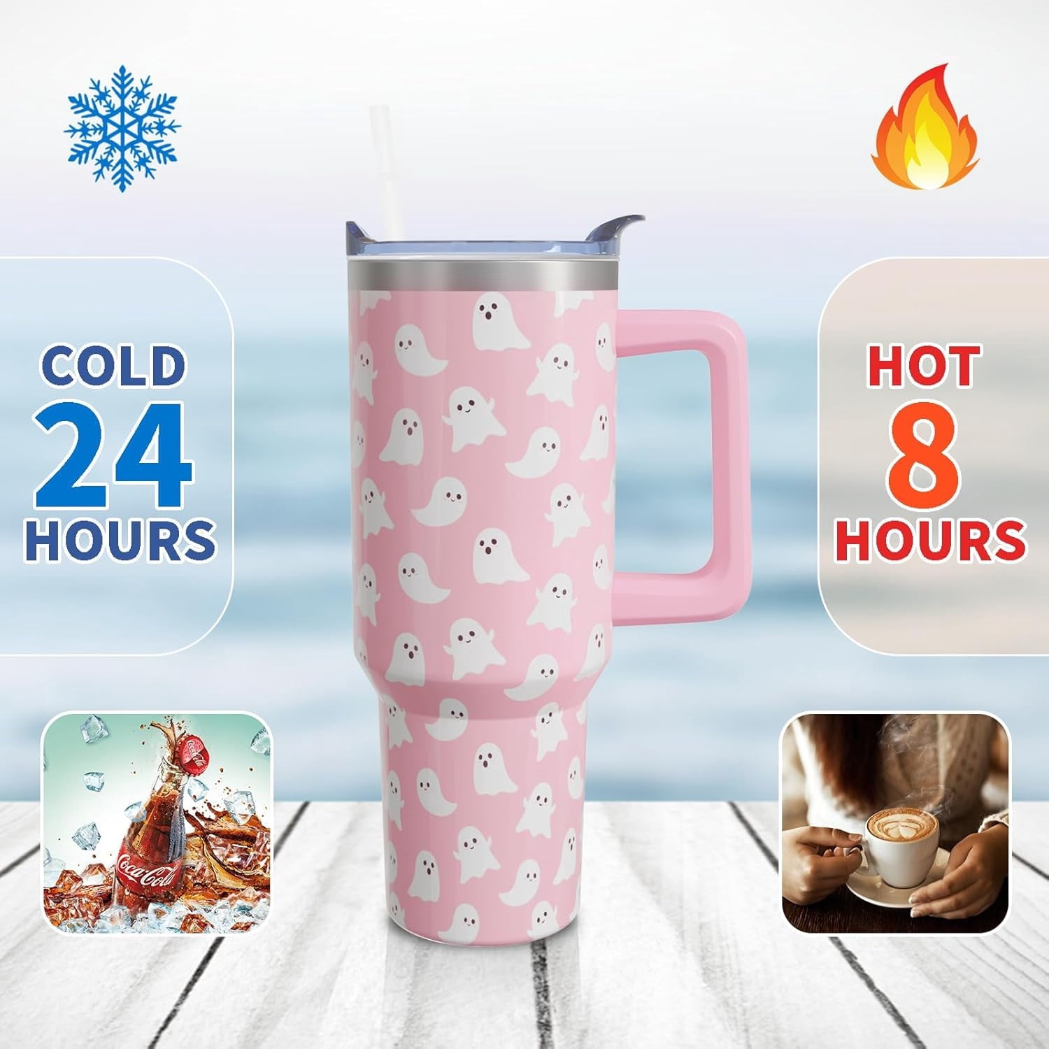 Halloween Ghosts 40 Oz Tumbler with Handle and Straw, Cute Spooky Stainless Steel Double Walled Vacuum Insulated Cup, Holiday Gifts for Women Girls