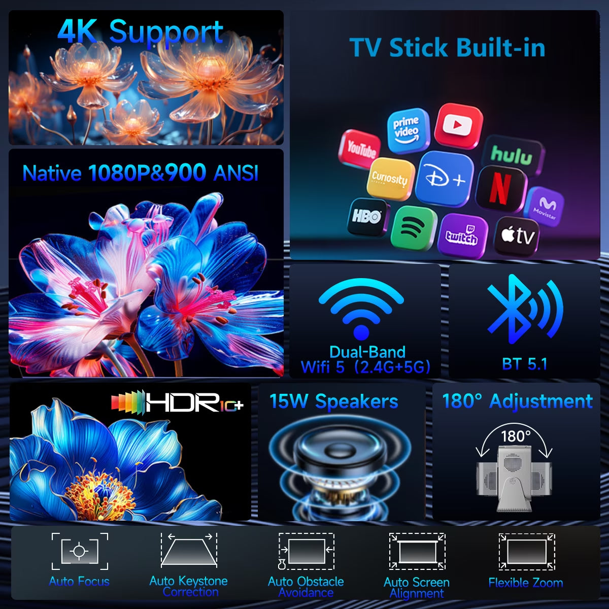Smart Projector 4K Support, Portable Projector with Wifi and BT, TV Stick Built-In, Auto Focus & Obstacle Avoidance, 900 ANSI, Voice Control, Home Theater Movie Proyector Outdoor HY350GT