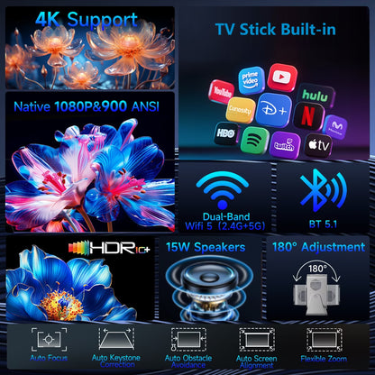 Smart Projector 4K Support, Portable Projector with Wifi and BT, TV Stick Built-In, Auto Focus & Obstacle Avoidance, 900 ANSI, Voice Control, Home Theater Movie Proyector Outdoor HY350GT
