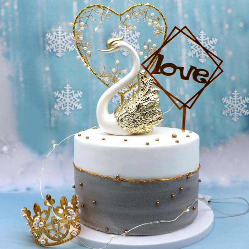 Swan Cake Toppers Set with Crown Swan Figurine Creative 2-Piece Cake Decoration for Birthday Wedding Desktop & Car Ornament