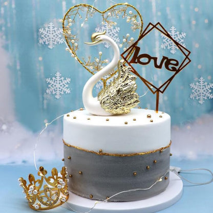Swan Cake Toppers Set with Crown Swan Figurine Creative 2-Piece Cake Decoration for Birthday Wedding Desktop & Car Ornament