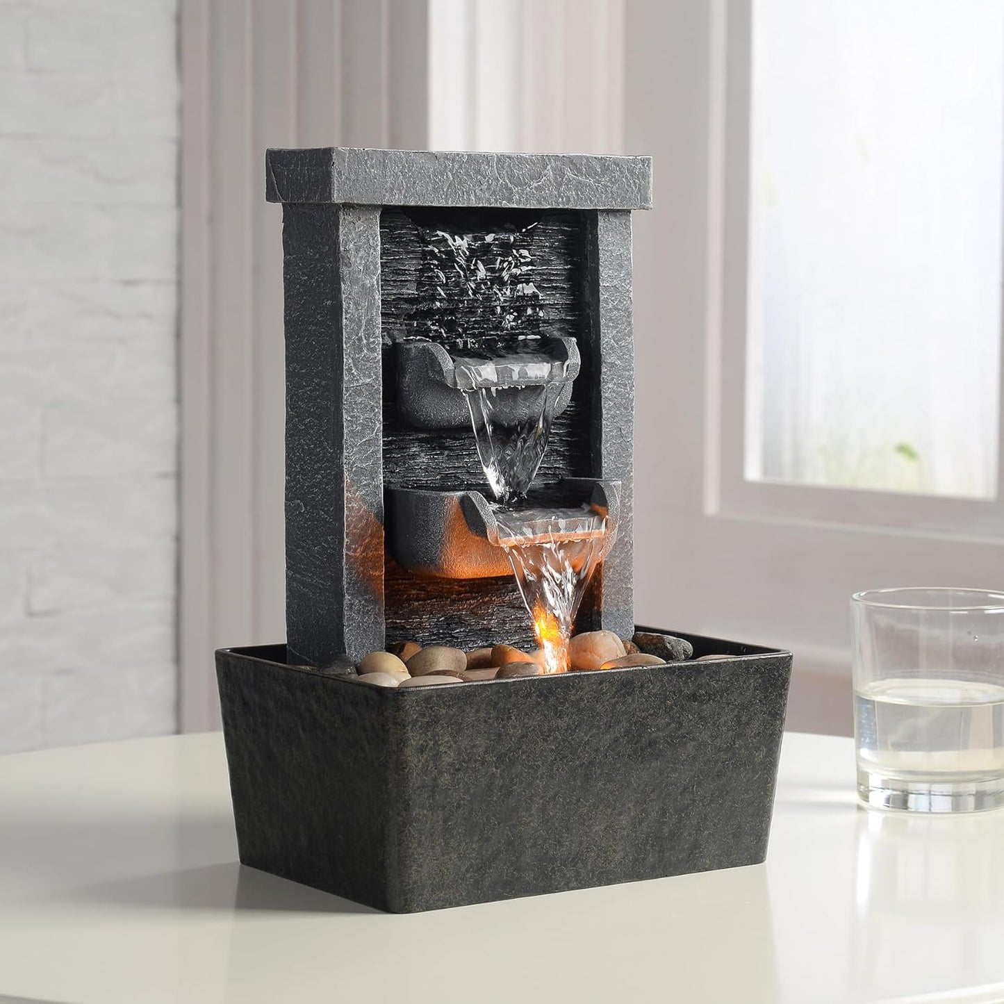 Indoor Waterfall Fountain, 10.3" Tabletop Water Fountain with LED Lights & River Rocks, Relaxing Home Office Decor